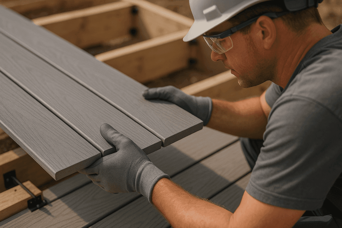 Close-up of gloved hands fitting composite deck board with safety gear on a clean site