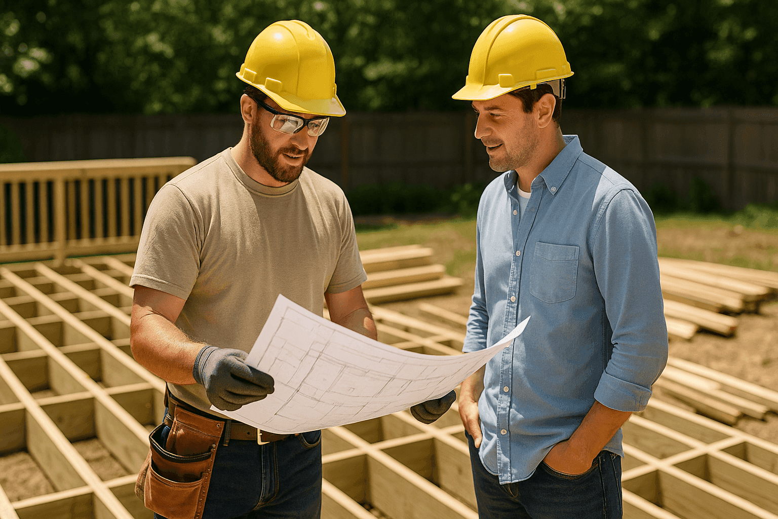 Deck contractor discussing project plans with homeowner at outdoor deck site