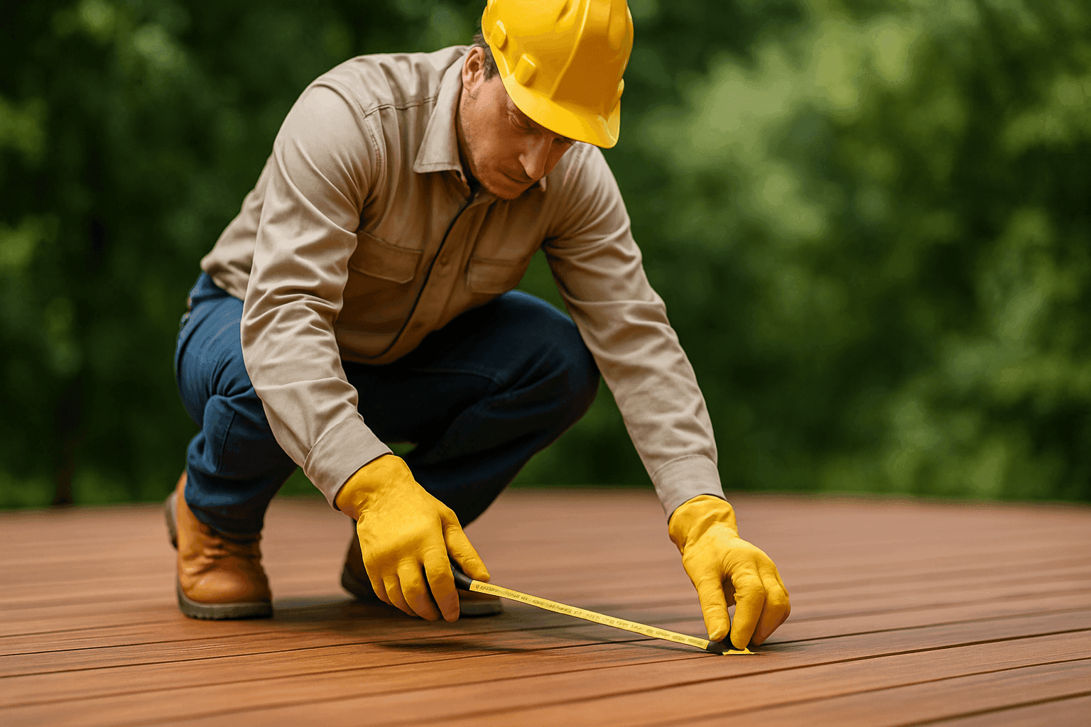 Decking professional inspecting wood deck with safety gloves and measuring tape